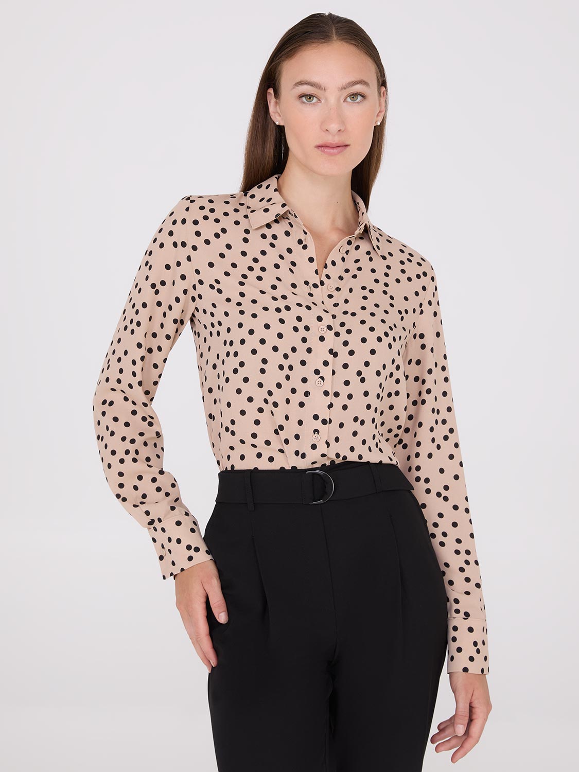 Dot Print Chiffon Button-Front Blouse – Suzy Shier