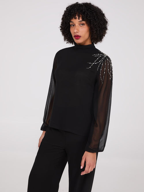 Embellished Pleated Mock Neck Top