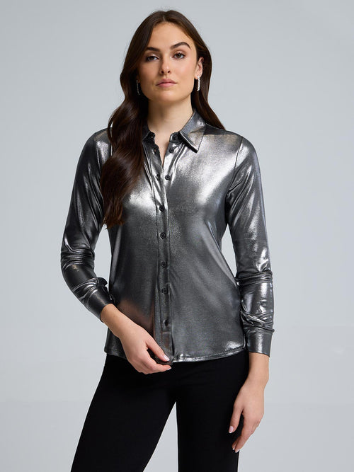 Metallic Foil Button-Front Blouse