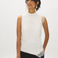 Winter White Sleeveless Mock Neck Blouse with Lace Inserts - Woman Wearing Asymmetrical Hem Top - Suzy Shier