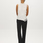 Winter White Sleeveless Mock Neck Blouse with Lace Inserts - Woman Wearing Asymmetrical Hem Top - Suzy Shier