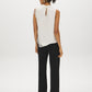 Winter White Sleeveless Mock Neck Blouse with Lace Inserts - Woman Wearing Asymmetrical Hem Top - Suzy Shier