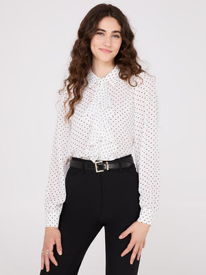 Dot Print Ruffle Button-Front Blouse Pearl