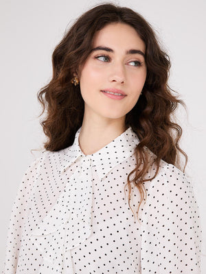 Dot Print Ruffle Button-Front Blouse Pearl