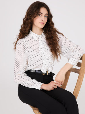 Dot Print Ruffle Button-Front Blouse Pearl