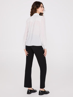 Dot Print Ruffle Button-Front Blouse Pearl