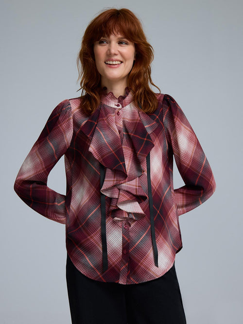 Plaid Ruffle Button-Front Chiffon Blouse