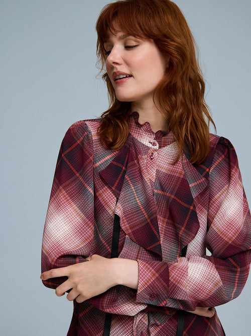 Plaid Ruffle Button-Front Chiffon Blouse