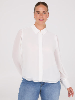 Chiffon Button-Front Volume Sleeve Blouse Pearl