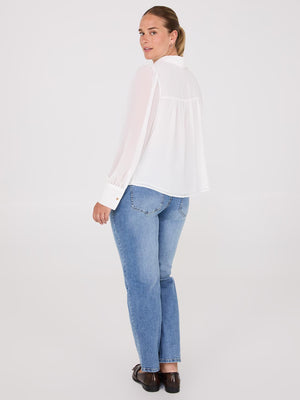 Chiffon Button-Front Volume Sleeve Blouse Pearl