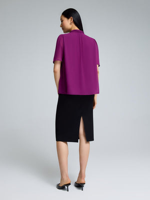 Chiffon Pleated Mock Neck Top Purple