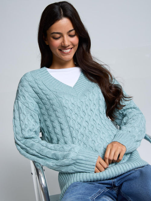 V-Neck Cable Knit Sweater