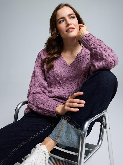 V-Neck Cable Knit Sweater