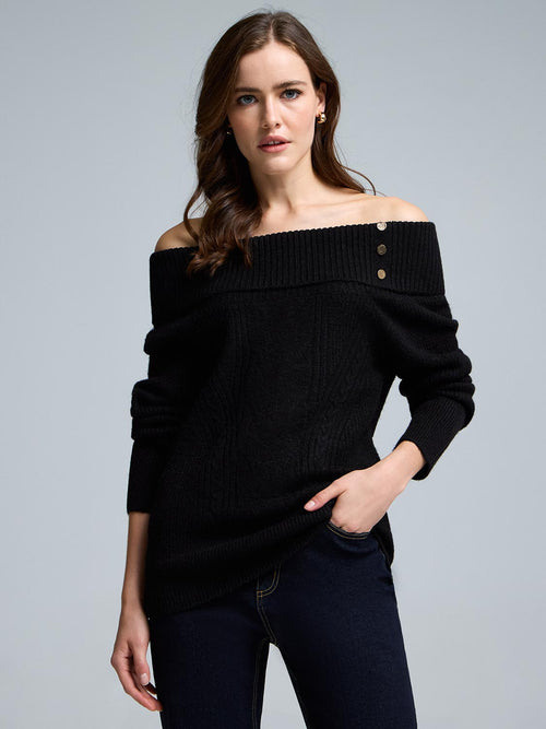 Button Detail Off-The-Shoulder Sweater