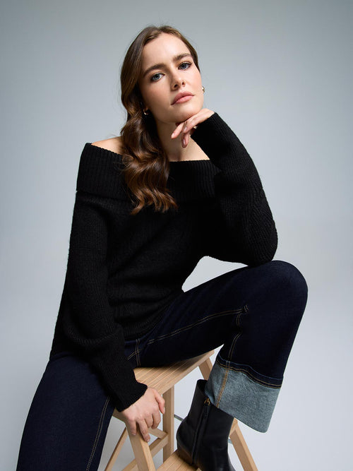 Button Detail Off-The-Shoulder Sweater