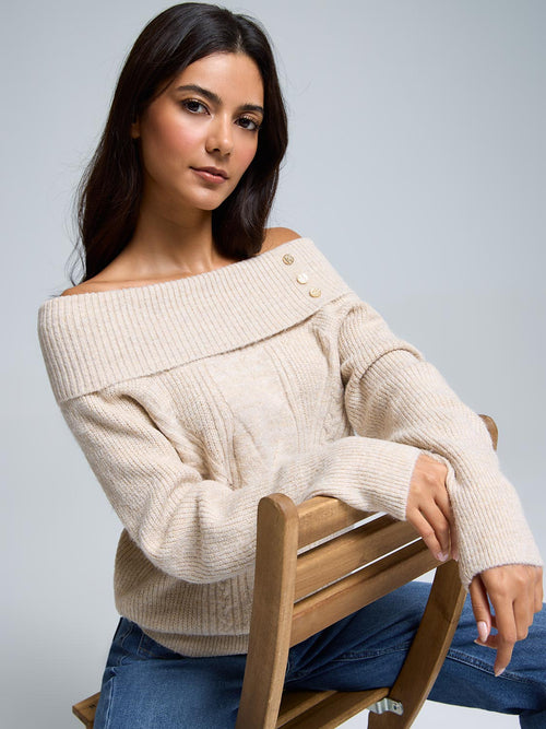 Button Detail Off-The-Shoulder Sweater