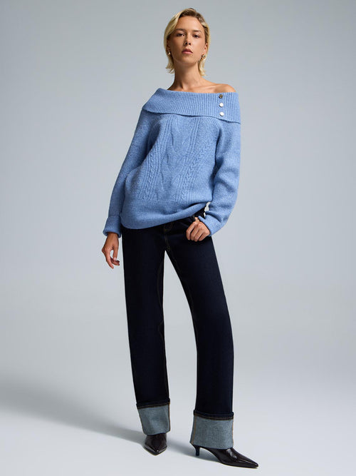 Button Detail Off-The-Shoulder Sweater