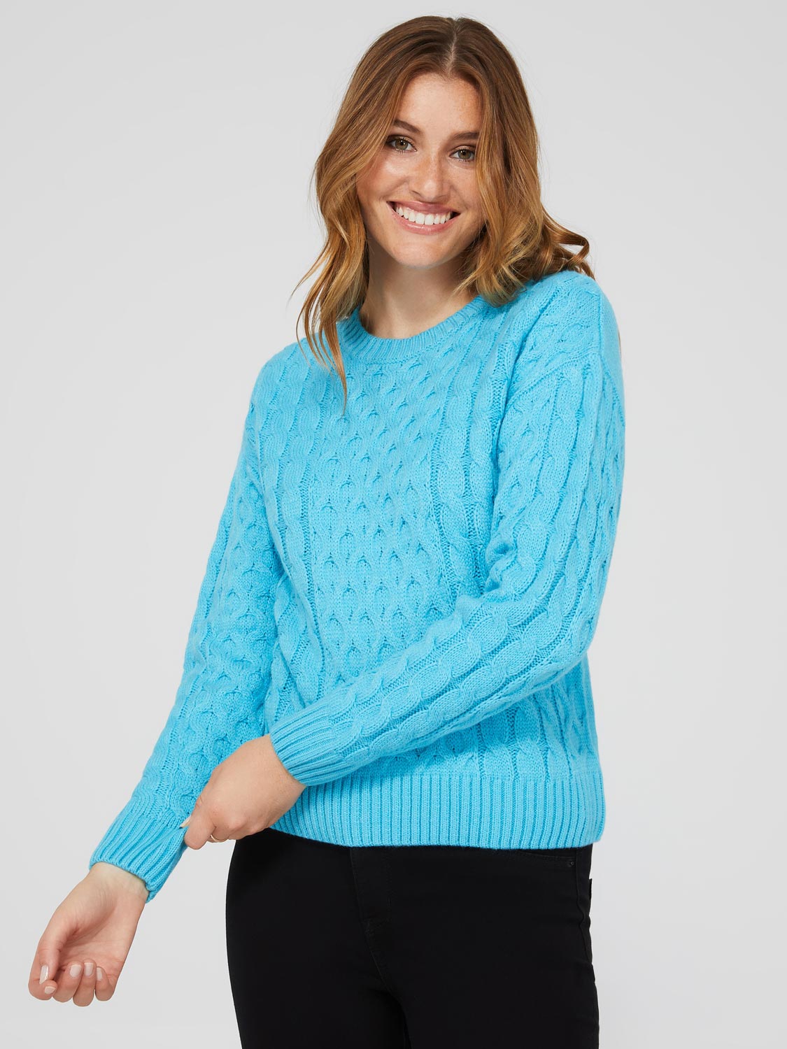 Cable Knit Front Crew Neck Sweater