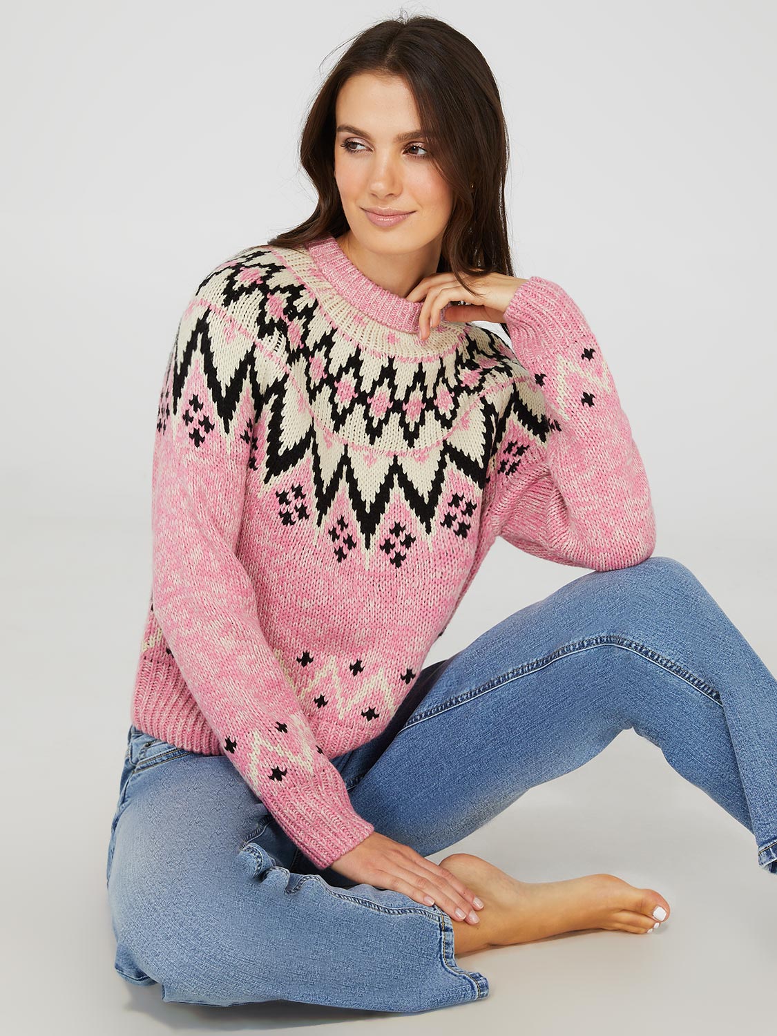 Jacquard Pattern Crew Neck Sweater – Suzy Shier