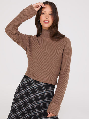 Mock Neck Shaker Stitch Sweater Brown