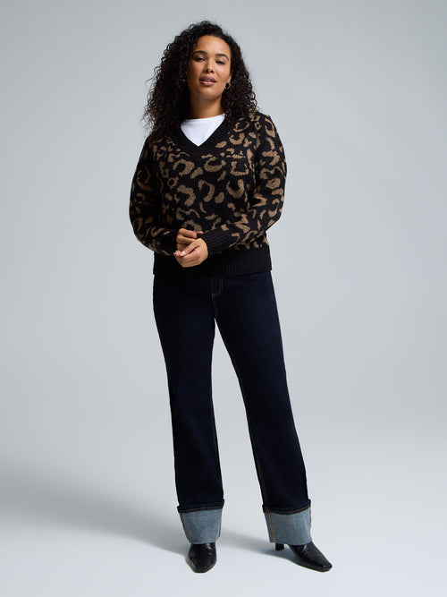 Animal Print Jacquard V-Neck Sweater