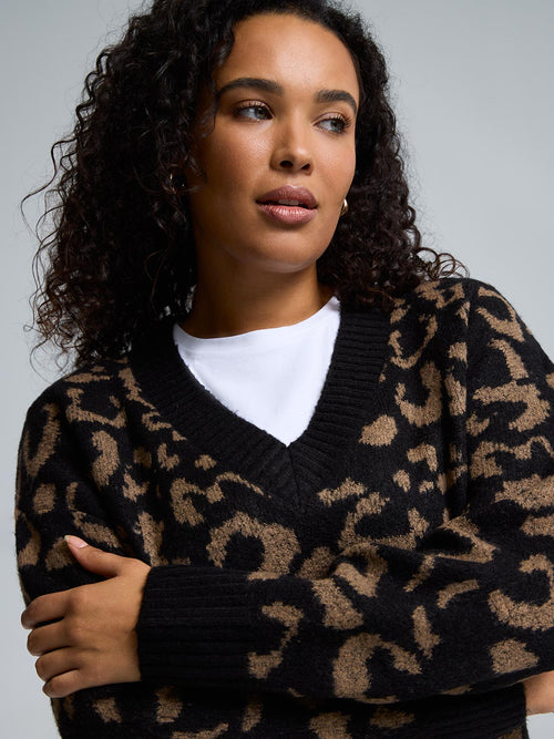 Animal Print Jacquard V-Neck Sweater