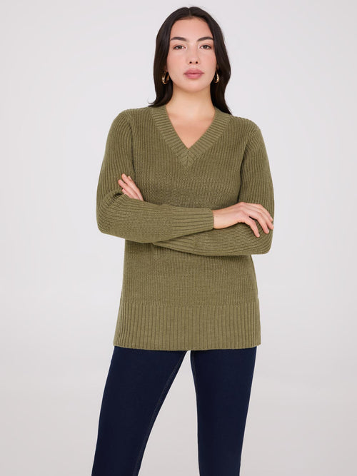 Ribbed V-Neck Sweater With Side Slits