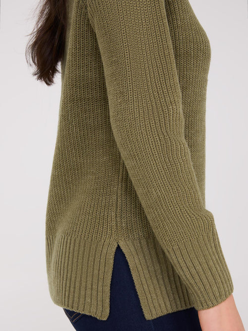 Ribbed V-Neck Sweater With Side Slits