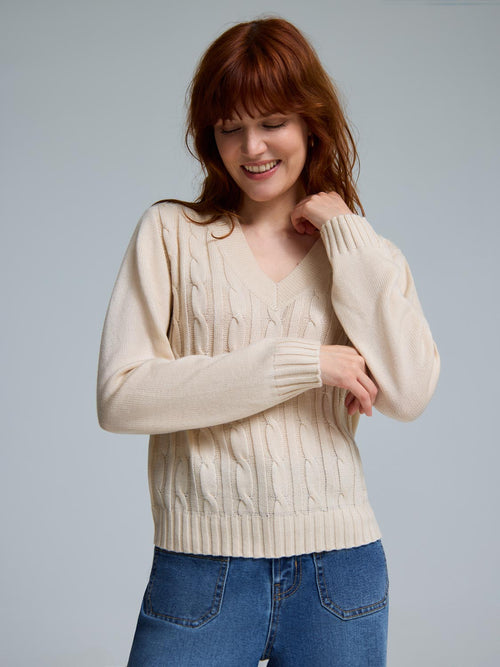 V-Neck Cable Knit Front Sweater
