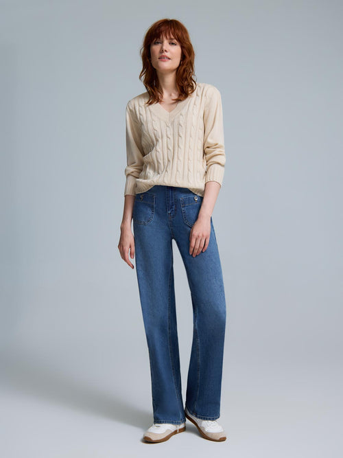 V-Neck Cable Knit Front Sweater