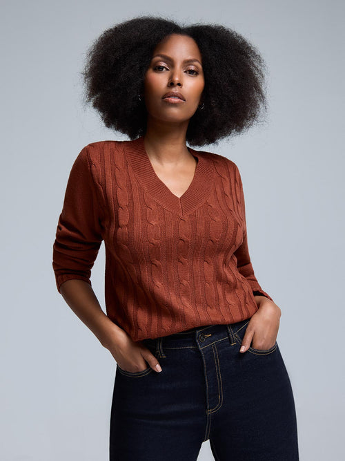 V-Neck Cable Knit Front Sweater