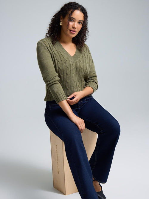 V-Neck Cable Knit Front Sweater
