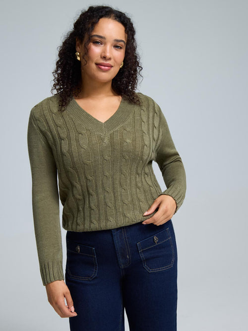 V-Neck Cable Knit Front Sweater