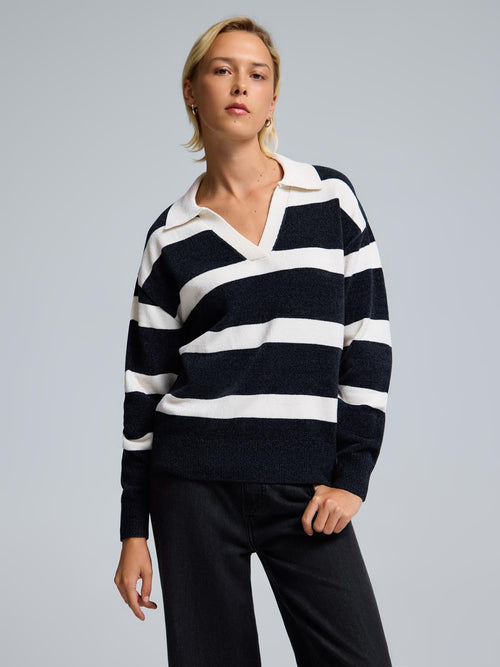 Johnny Collar Striped Chenille Sweater