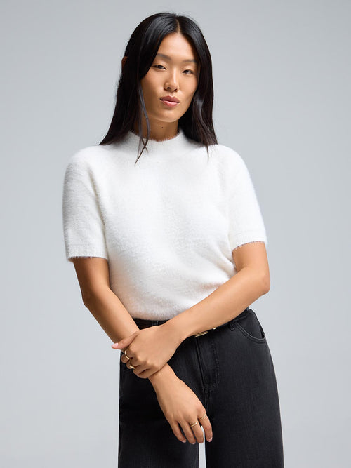 Fuzzy Mock Neck Short Sleeve Sweater