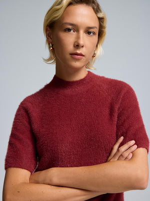 Fuzzy Mock Neck Short Sleeve Sweater Mars Red