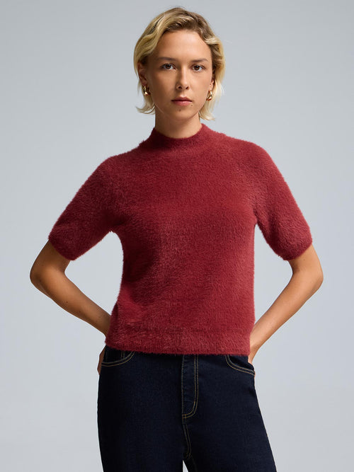 Fuzzy Mock Neck Short Sleeve Sweater