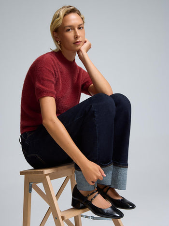 Fuzzy Mock Neck Short Sleeve Sweater Mars Red