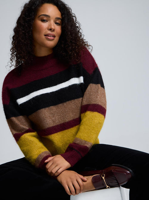 Mock Neck Striped Fuzzy Sweater