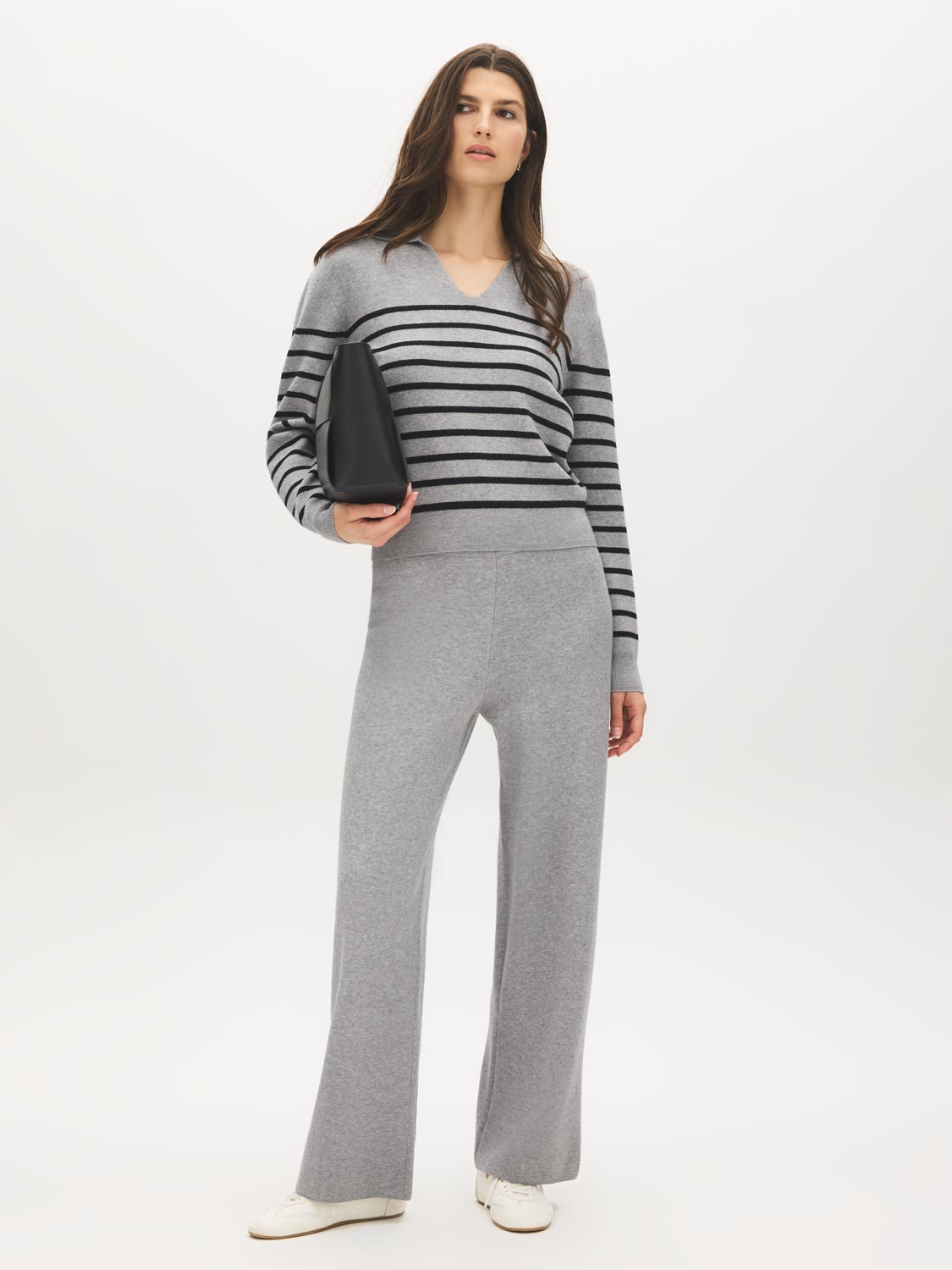 Stripped Polo Collar Sweater - Woman Wearing Classic Knit Top - Suzy Shier