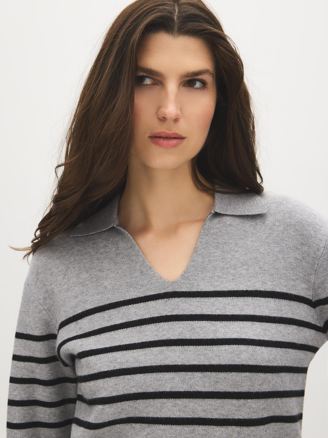 Stripped Polo Collar Sweater - Woman Wearing Classic Knit Top - Suzy Shier