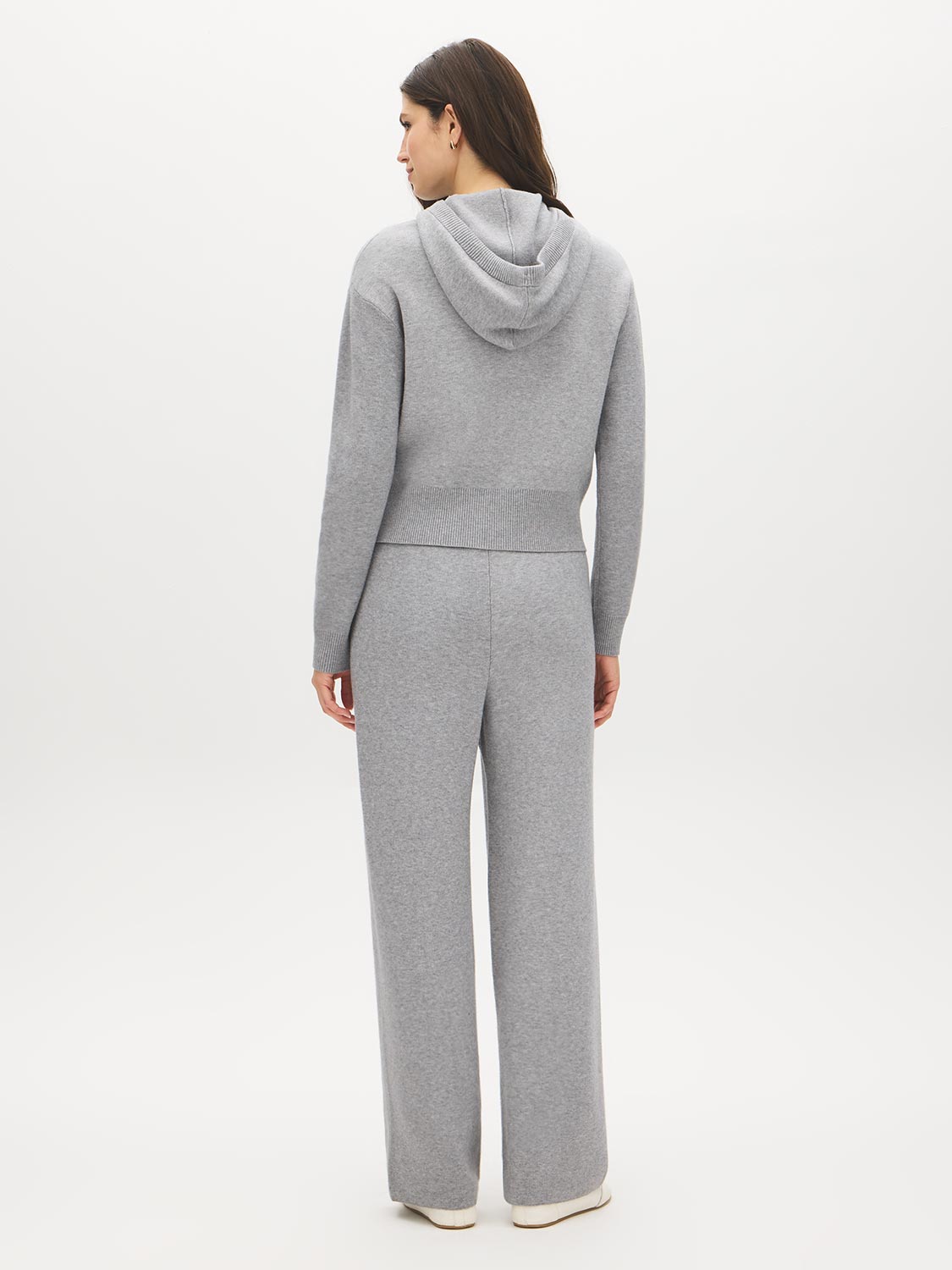 Grey Full-Zip Knit Hoodie with Rib Detail - Woman Wearing Cozy Pullover - Suzy Shier