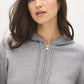 Grey Full-Zip Knit Hoodie with Rib Detail - Woman Wearing Cozy Pullover - Suzy Shier