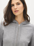 Grey Full-Zip Knit Hoodie with Rib Detail - Woman Wearing Cozy Pullover - Suzy Shier