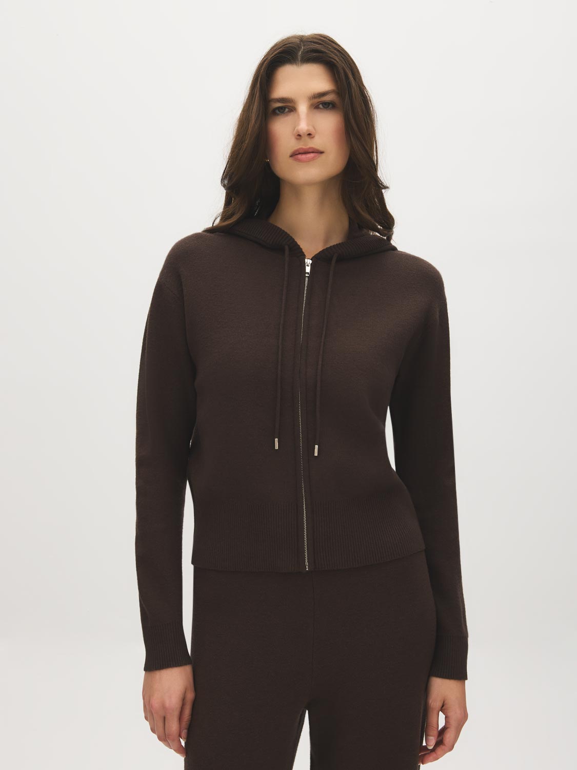 Brown Full-Zip Knit Hoodie with Rib Detail - Woman Wearing Cozy Pullover - Suzy Shier
