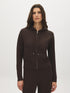 Brown Full-Zip Knit Hoodie with Rib Detail - Woman Wearing Cozy Pullover - Suzy Shier
