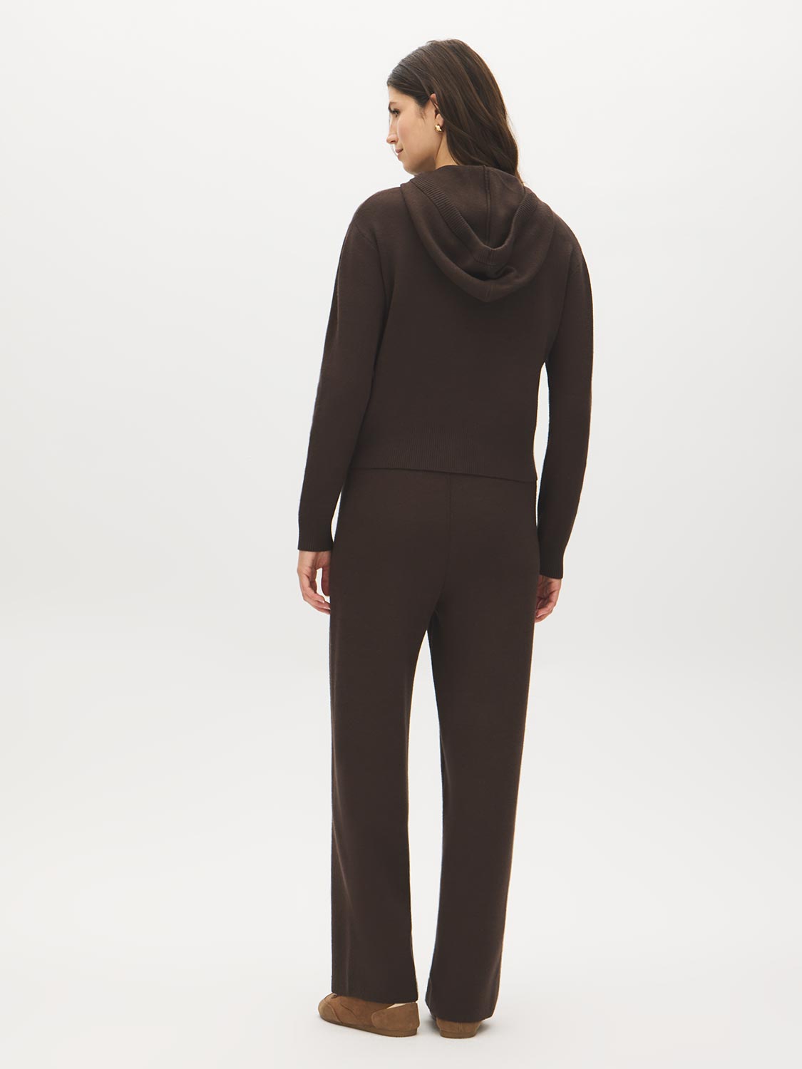 Brown Full-Zip Knit Hoodie with Rib Detail - Woman Wearing Cozy Pullover - Suzy Shier