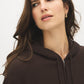 Brown Full-Zip Knit Hoodie with Rib Detail - Woman Wearing Cozy Pullover - Suzy Shier