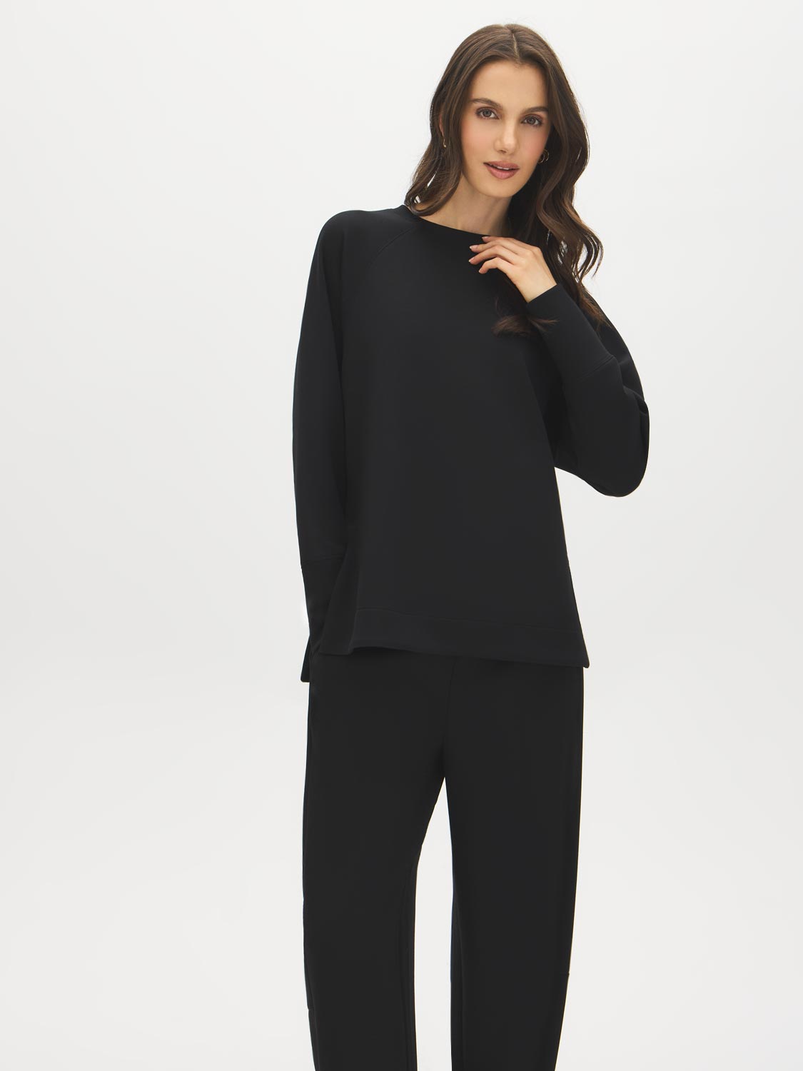Black Cloud Fleece Tunic with Raglan Sleeves - Woman Wearing Long Sleeve Crew Neck Top - Suzy Shier