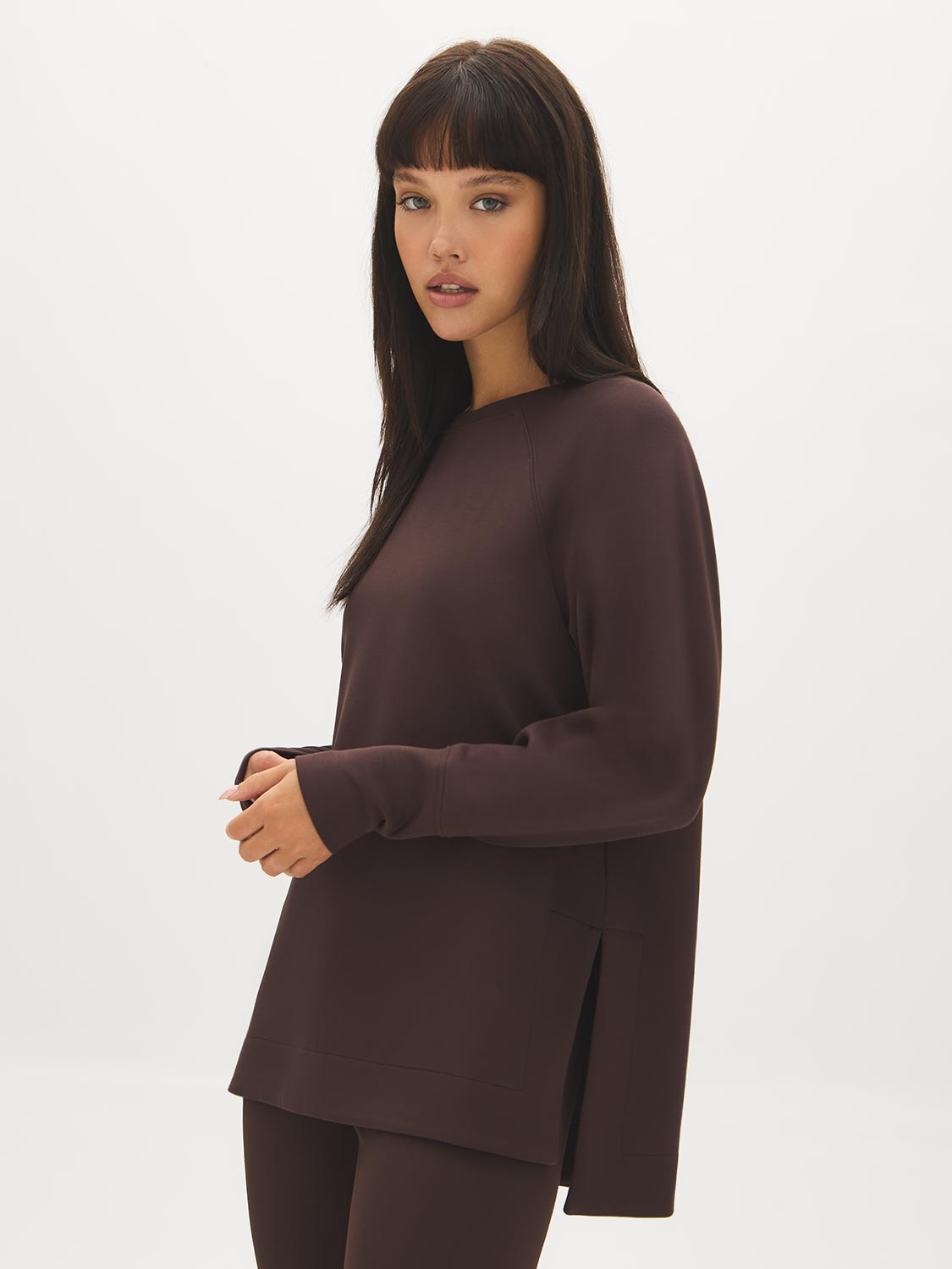 Dk Brown Cloud Fleece Tunic with Raglan Sleeves - Woman Wearing Long Sleeve Crew Neck Top - Suzy Shier